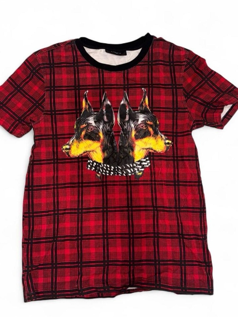 Givenchy Red Plaid Short Sleeve Tee with Mirrored Doberman Graphic